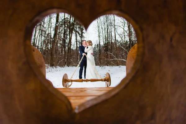 Pan młody i Panna Młoda w lesie zimą z duże sanki drewniane — Zdjęcie stockowe