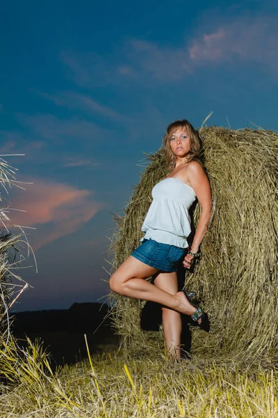若いセクシーなブロンドの干し草の山に近いポーズ — ストック写真