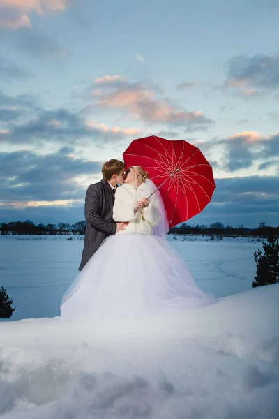 Braut und Bräutigam mit großem roten Regenschirm — Stockfoto