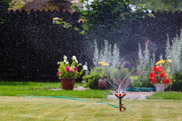 Aspersor de jardín regando hierba y flores — Foto de Stock