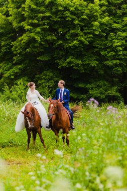 İki ata binerek güzel yeni evliler