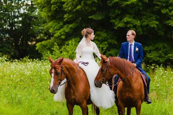 Belos recém-casados montando dois cavalos — Fotografia de Stock