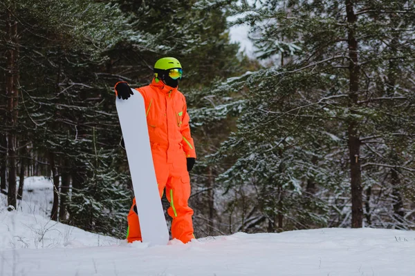 Сноубордист позирует в зимнем лесу — стоковое фото