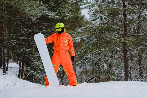 Сноубордист позирует в зимнем лесу — стоковое фото
