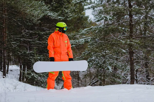 Snowboardos, téli erdő pózol — Stock Fotó