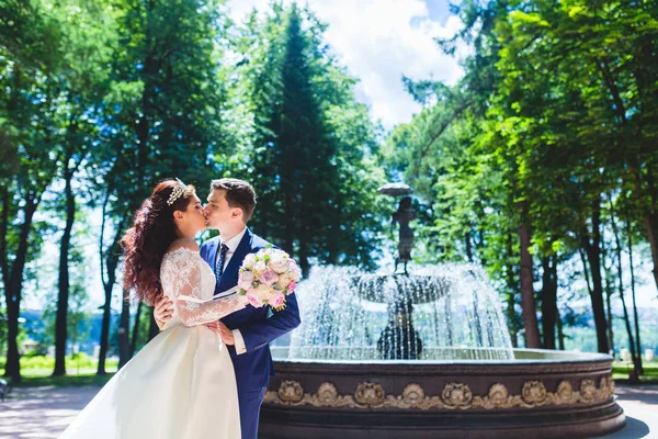 噴水の近くの美しいカップル新婚夫婦 — ストック写真