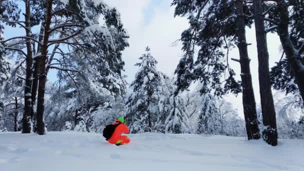 Fotógrafo haciendo una foto del bosque nevado de invierno . — Vídeos de Stock
