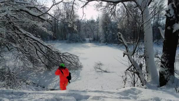 Fotógrafo fazendo uma foto de inverno floresta nevada . — Vídeo de Stock