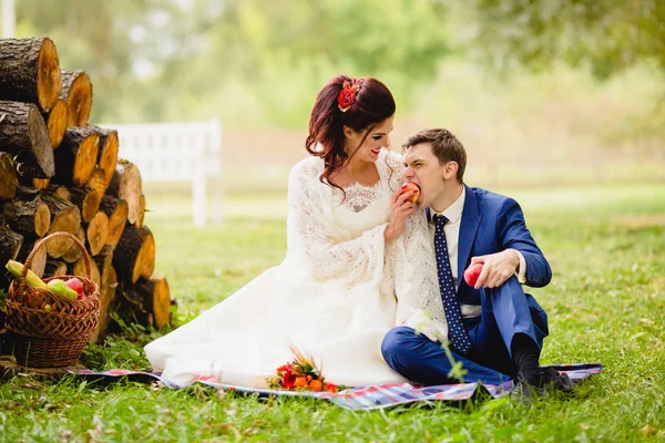Casal de recém-casados em um parque de outono — Fotografia de Stock