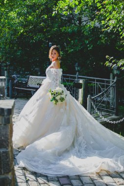 Lüks elbiseli, kır otelinde uzun bir trenle poz veren güzel bir gelin.