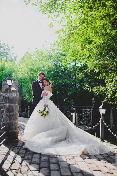 Séduisante jeune mariée et beau marié sur le territoire de l'hôtel de campagne — Photo