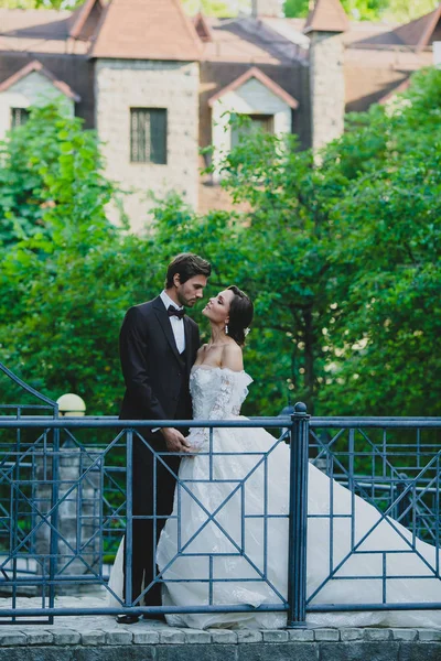 Några stilfulla nygifta poserar på en liten bro — Stockfoto