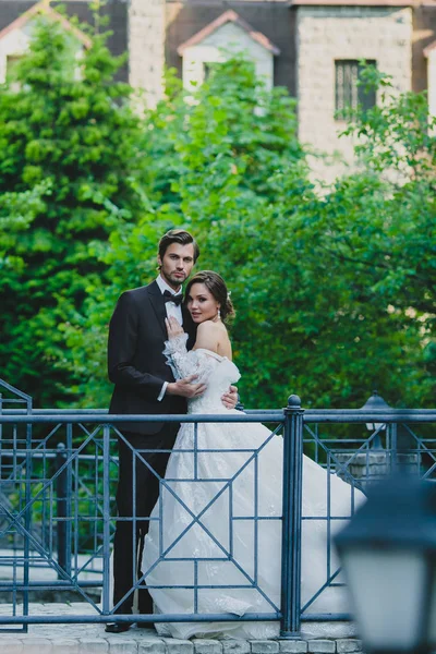 Några stilfulla nygifta poserar på en liten bro — Stockfoto