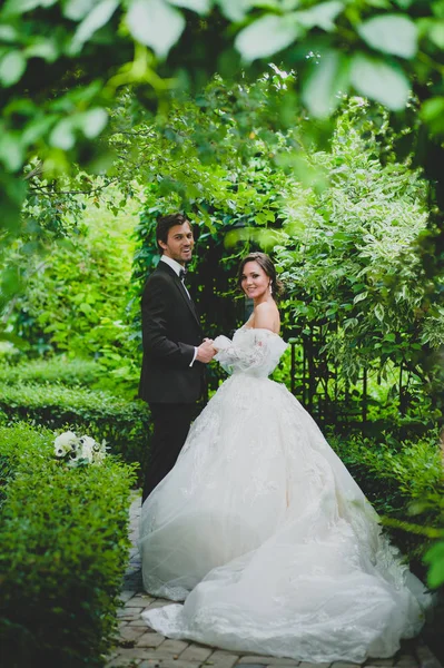 Couple de jeunes mariés élégants posant sur l'allée verte — Photo