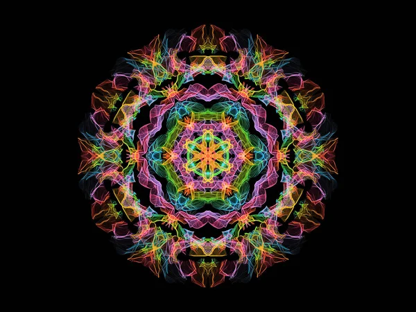 Colorful abstract flame mandala flower, neon ornamental floral round pattern on black background. Yoga theme.