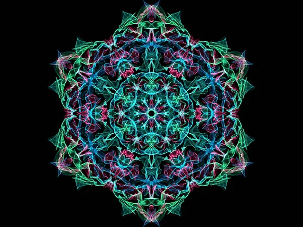 Blue, green and pink abstract flame mandala snowflake, ornamental floral round pattern on black background. Yoga theme.
