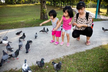 Asya Çin anne ve kızı güvercin besleme 
