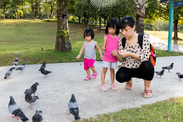 Asya Çin anne ve kızı güvercin besleme — Stok fotoğraf