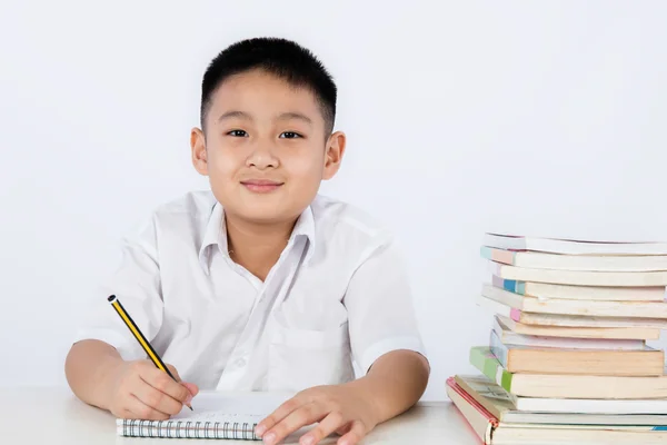 Asian Chinese Little Boy Wearing Student Uniform Writting Homewo Stock Picture