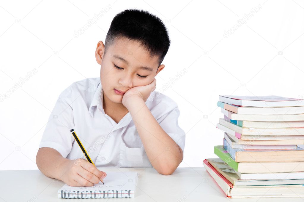 Bored Asian Chinese Little Boy Wearing Student Uniform Writting 