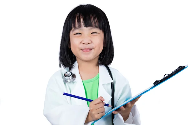 Smiling Asian Chinese Little Doctor Writting On Clip Board — Stock Photo, Image