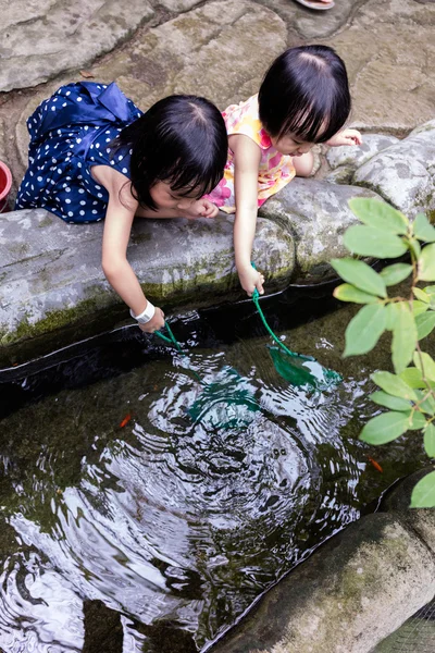 Aziatische Chinese meisjes vissen met Scoop Net aan de vijver — Stockfoto