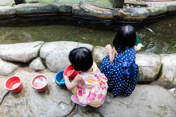 Asyalı Çinli küçük kızlar kepçe ile balıkçılık gölet Net — Stok fotoğraf
