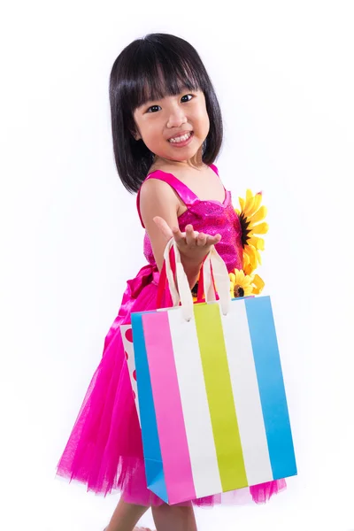 Happy Asian Chinese Liitle Girl Holding Shopping Bags — Stock Photo, Image