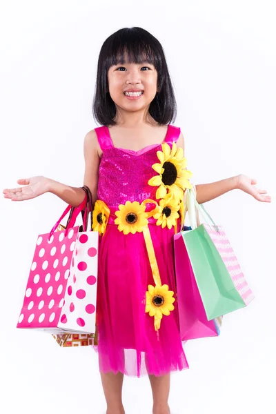 Happy Asian Chinese Liitle Girl Holding Shopping Bags — Stock Photo, Image