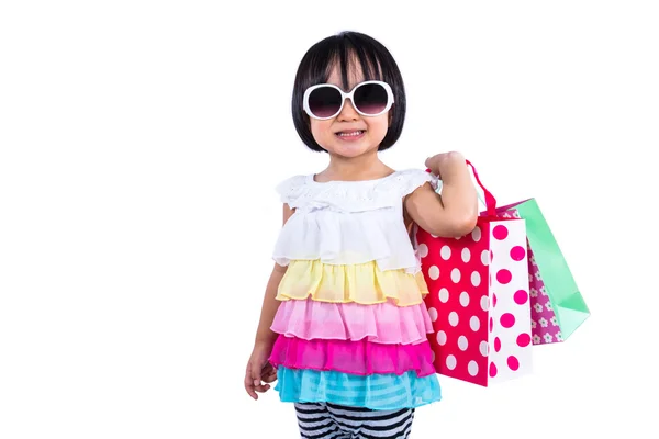 Happy Asian Chinese Little Girl Holding Shopping Bags — Stock Photo, Image