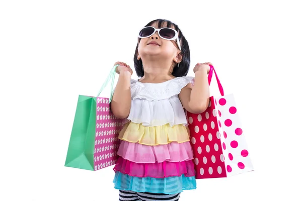 Happy Asian Chinese Little Girl Holding Shopping Bags — Stock Photo, Image
