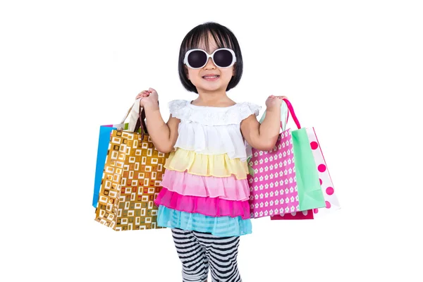 Happy Asian Chinese Little Girl Holding Shopping Bags — Stock Photo, Image