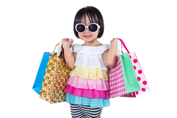 Happy Asian Chinese Little Girl Holding Shopping Bags — Stock Photo, Image