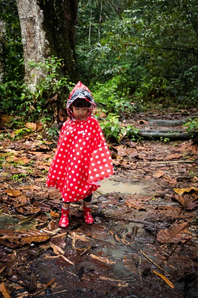 Asiático chinês menina vestindo capa de chuva na floresta — Fotografia de Stock