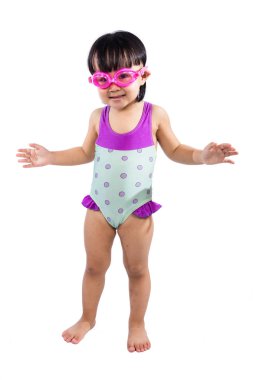 Asyalı Çinli küçük kız portre gözlük ve mayo giyiyor