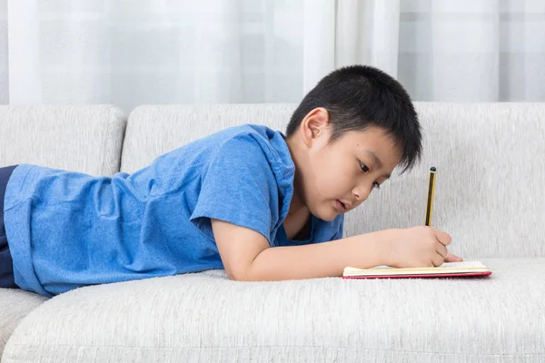 Ázsiai kínai kisfiú írt könyvet a kanapén — Stock Fotó