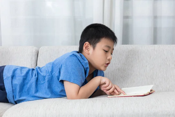Азіатський китайський маленького хлопчика читання книги на дивані — стокове фото