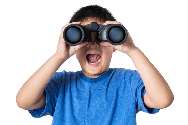 Asian Chinese little boy holding binoculars with mouth open — Stock Photo, Image