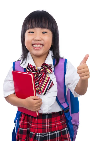 Aziatische Chinese meisje school draagtas met omhoog duimen — Stockfoto