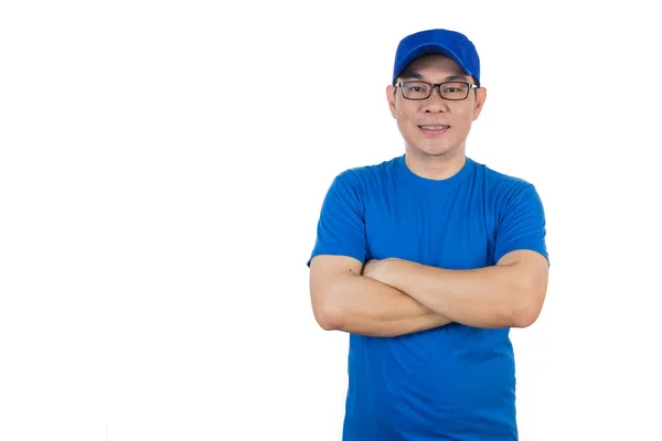 Asian Chinese man wearing blue shirt with crossed arm — Stock Photo, Image