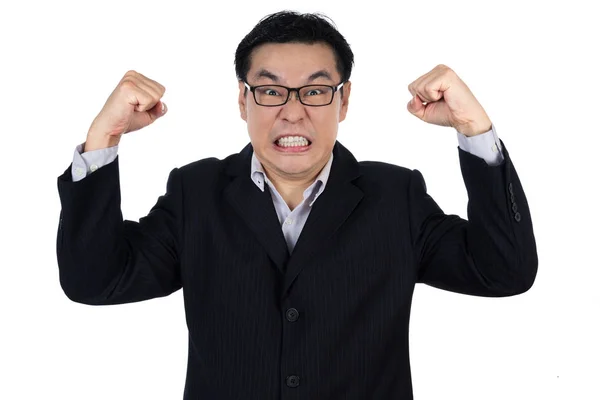 Angry Asian Chinese man wearing suit and holding both fist — Stock Photo, Image