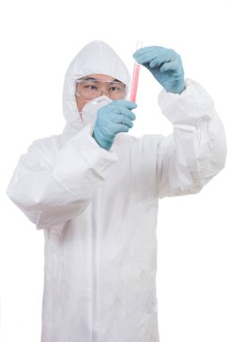 Asian Chinese scientist in protective wear holding test tube clipart