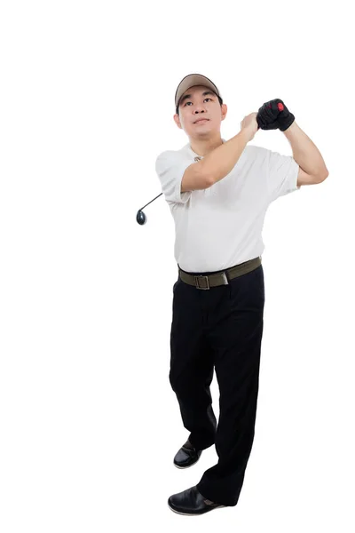 Lächelnd asiatisch chinesisch mann swinging golf club — Stockfoto