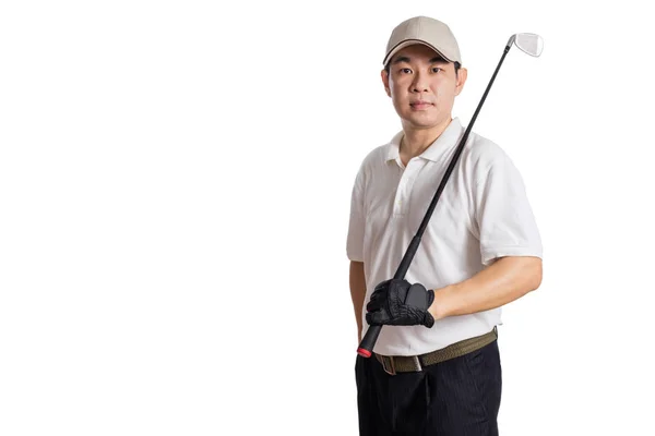 Lächelnd asiatisch chinesisch mann posiert mit golf schläger — Stockfoto