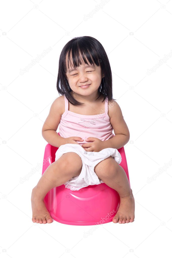 Asian chinese little girl sitting on chamberpot — Stock Photo ...