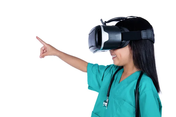 Asian Little Chinese Girl playing doctor with VR goggles — Stock Photo, Image