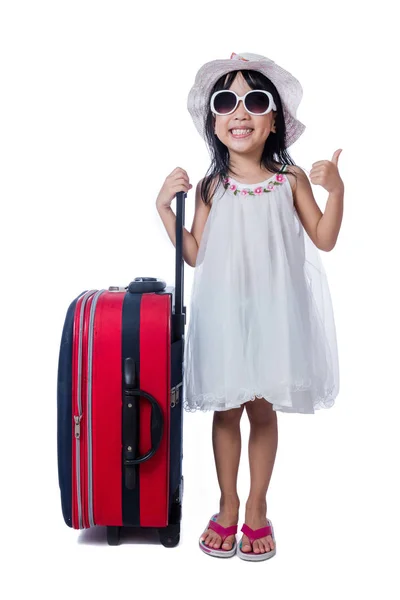 Feliz ásia pouco chinês menina com um mala — Fotografia de Stock