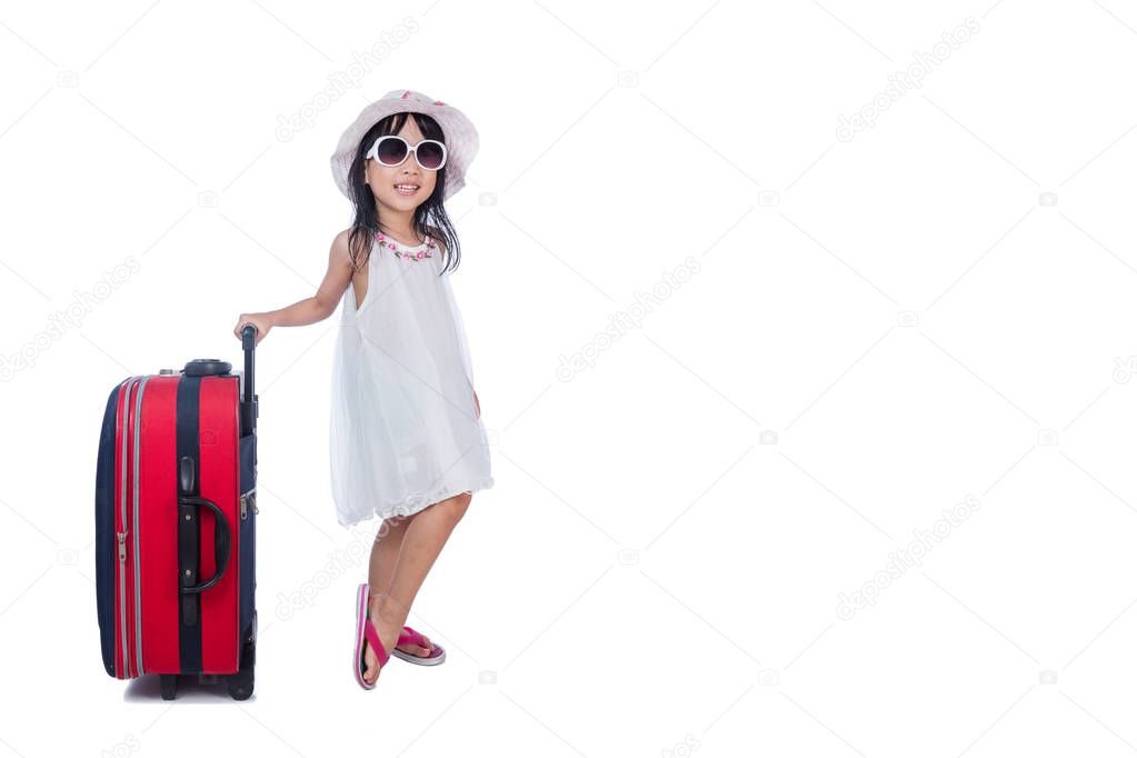 Happy Asian Little Chinese girl with a suitcase