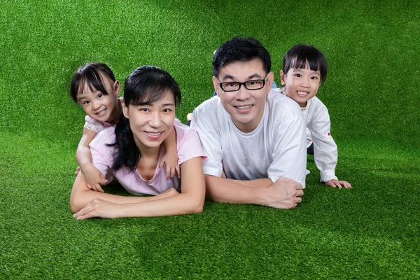 Gelukkige Aziatische Chinese ouders en dochters liggend op het gras — Stockfoto