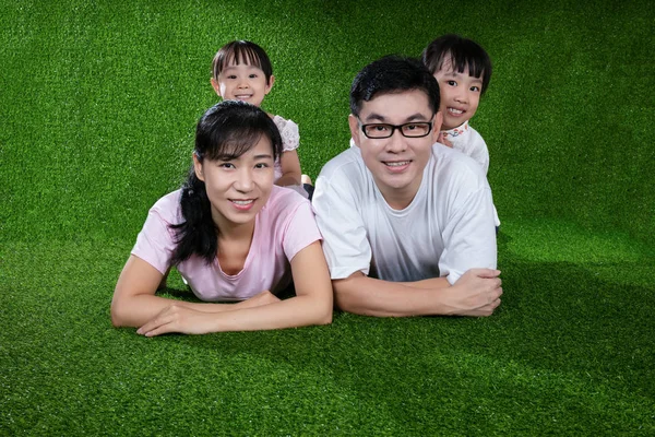Щасливий китайський азіатські батьки і дочки, лежить на траві — стокове фото
